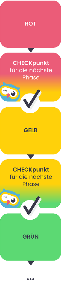 Eine vertikale Infografik zeigt drei farbige Abschnitte - rot mit ROT, gelb mit GELB und grün mit GRÜN - mit Kontrollpunkten zwischen den einzelnen Phasen, die durch ein Häkchen und deutschen Text gekennzeichnet sind.