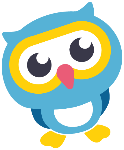 Cartoon-Illustration einer blauen Eule mit einem gelben Umriss um die Augen, rosa Schnabel, weißem Bauch und gelben Füßen, die neugierig nach oben schaut.