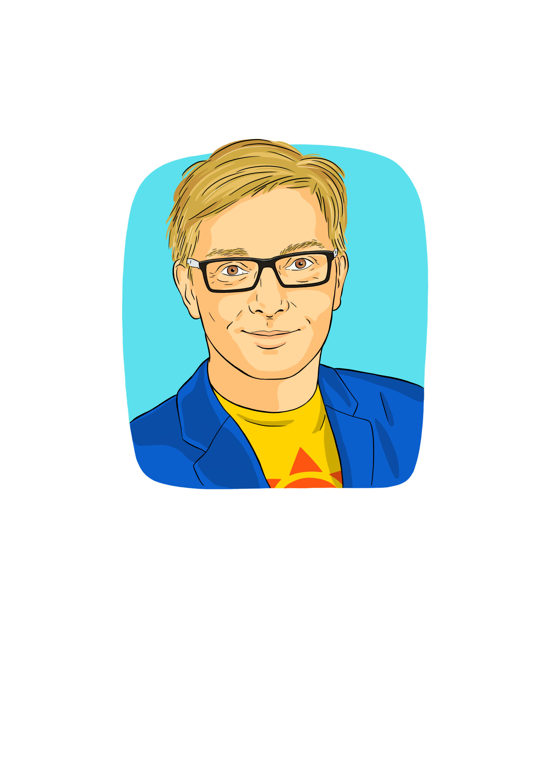 Eine digitale Illustration einer Person mit kurzen blonden Haaren, einer schwarzen Brille, einer blauen Jacke und einem gelben Hemd mit einem roten Stern vor einem hellblauen Hintergrund.