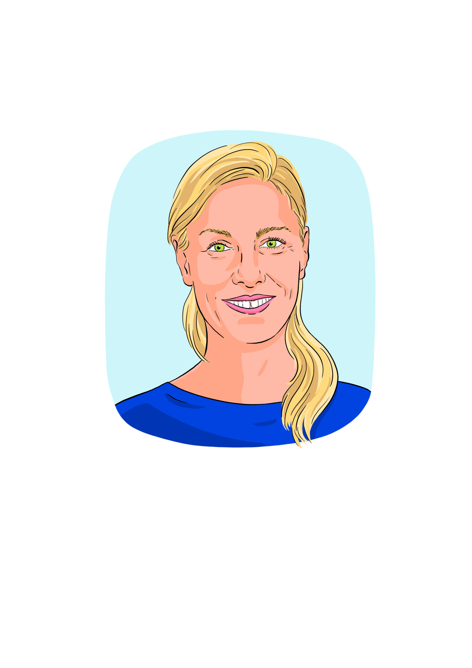 Illustration einer Frau mit blondem Haar in einem niedrigen Pferdeschwanz, grünen Augen und heller Haut, die ein blaues Oberteil trägt und vor einem hellblauen Hintergrund lächelt.