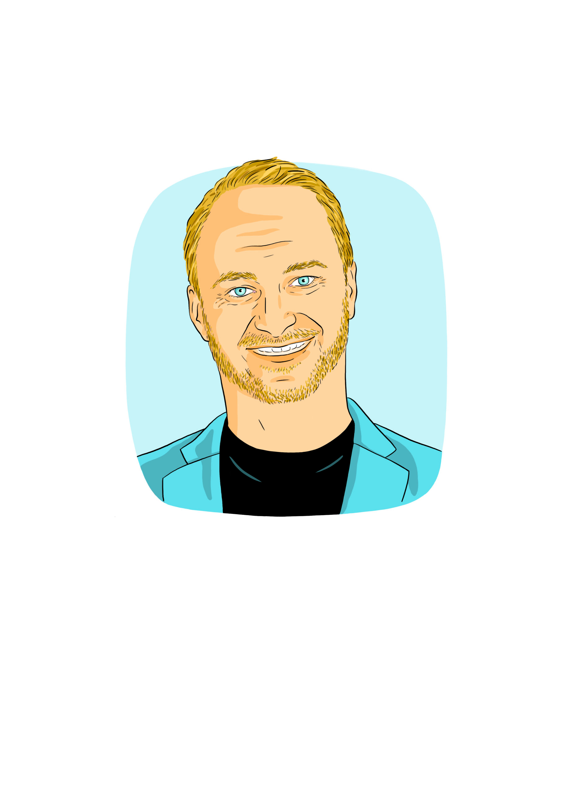Digitale Illustration eines lächelnden Mannes mit kurzen blonden Haaren, hellem Bart und blauen Augen, der einen türkisfarbenen Blazer über einem schwarzen Hemd trägt, vor einem hellblauen Hintergrund.