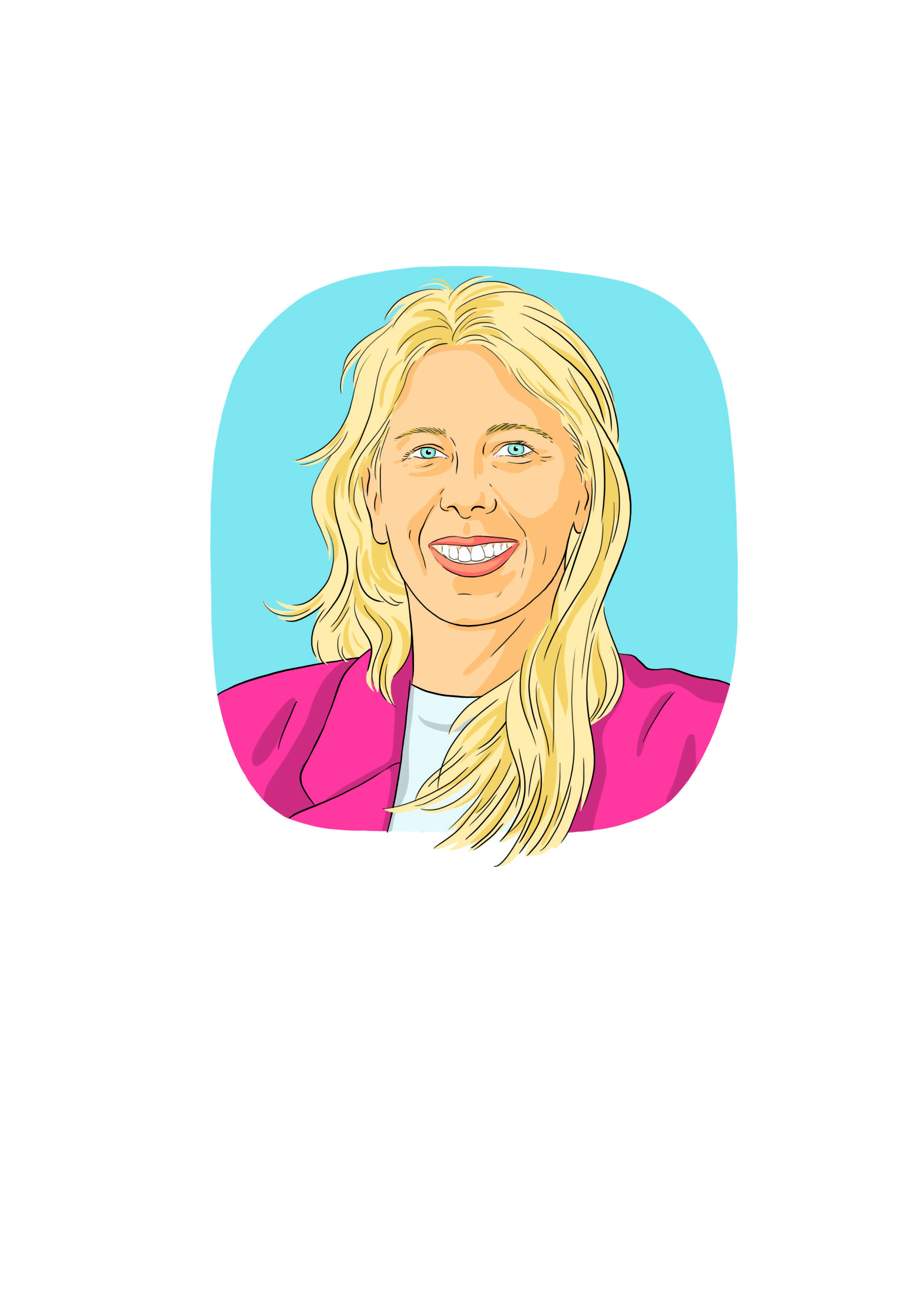 Illustration einer lächelnden Frau mit langen blonden Haaren, die einen rosa Blazer über einem weißen Oberteil trägt, vor einem blauen Hintergrund.
