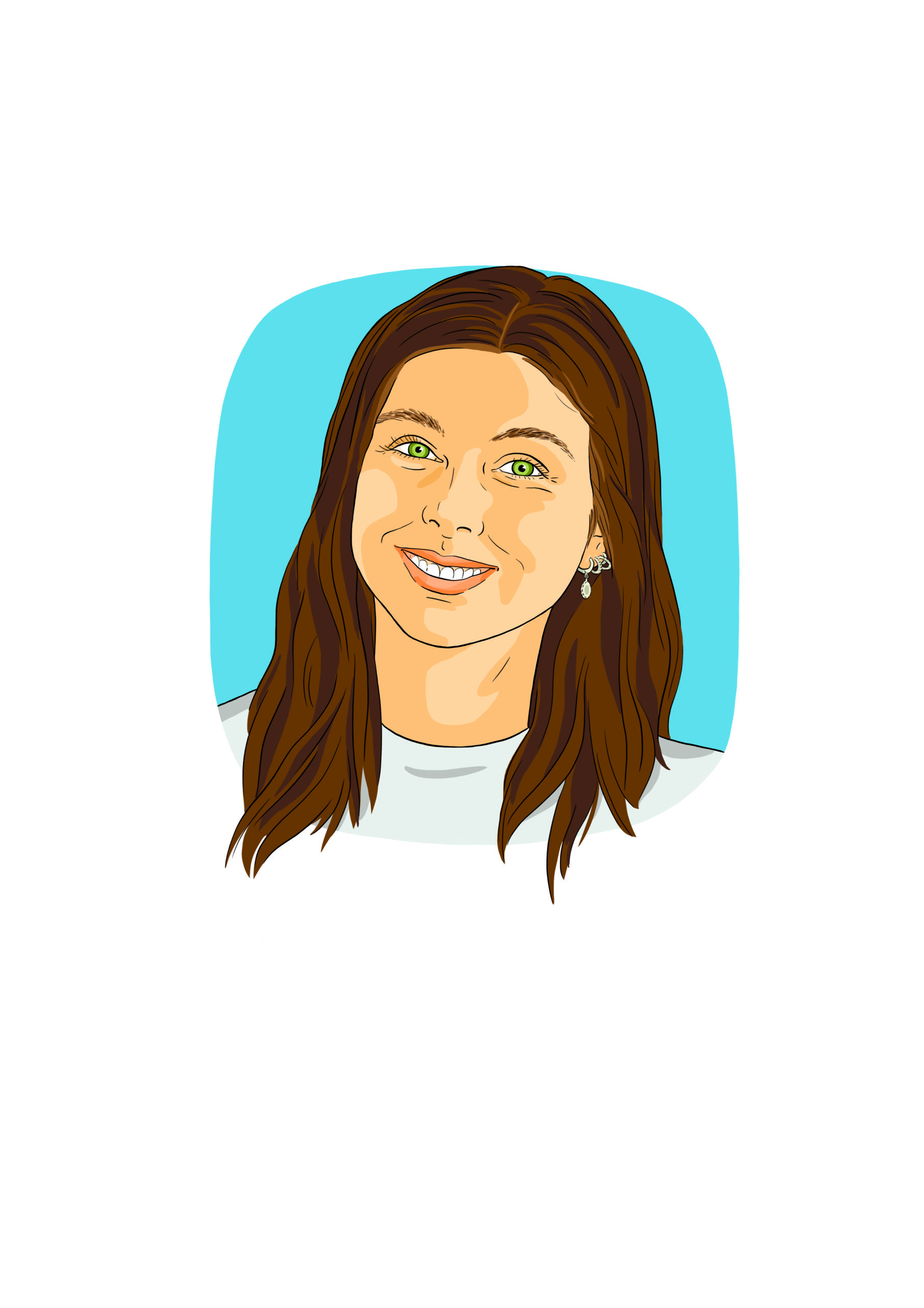 Illustration einer jungen Frau mit langen braunen Haaren, grünen Augen und einem warmen Lächeln, die ein helles Oberteil trägt. Der Hintergrund ist ein hellblaues, abgerundetes Quadrat.