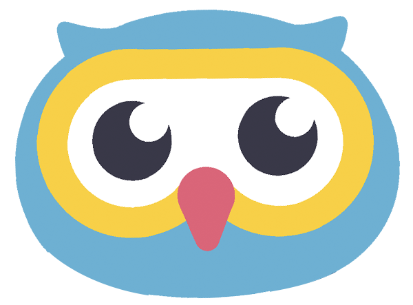 Ein einfaches, blaues Eulengesicht im Cartoon-Stil mit großen, gelb umrandeten Augen und einem kleinen, rosa Schnabel. Die Eule hat abgerundete Gesichtszüge und keinen sichtbaren Körper, Flügel oder Füße.